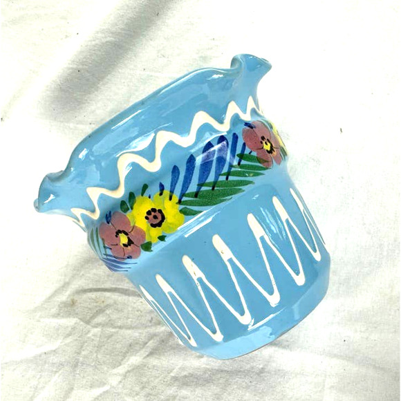 Vintage E&R Italian Pottery Planter Sky Blue Floral Ruffled Edge Flower Pot - Picture 4 of 6